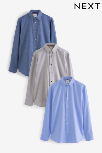 Blue/Grey Textured Regular Fit Crease Resistant Single Cuff Shirts 3 Pack (311570) | £66