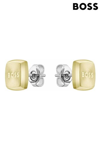 BOSS Gold Jewellery Gents Gold Tone Yann Etched Logo Square Stud Earrings (312012) | £59