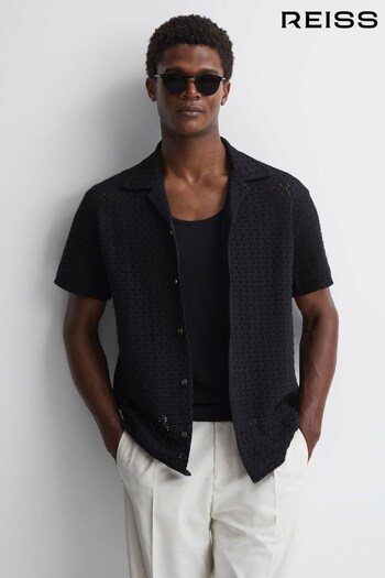 Reiss Black Scorpios Crochet Cuban Collar Button Through T-Shirt (312138) | £110