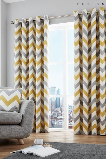 Fusion Ochre Yellow Chevron Geo Lined Eyelet Curtains (312453) | £35 - £65