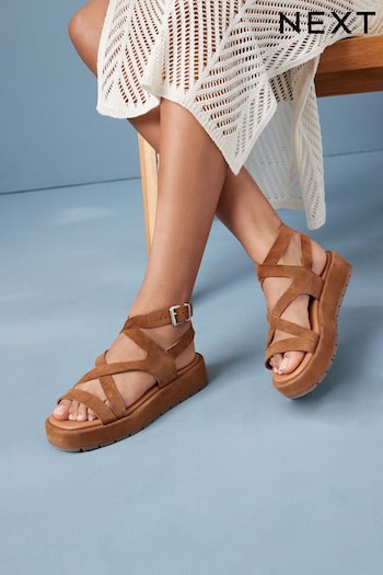 Tan Brown Forever Comfort® Leather Strappy Flatform Sandals (312611) | £42
