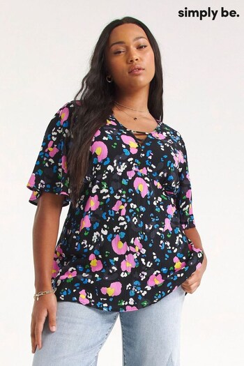Simply Be Floral Crinkle Black Top With Angle Sleeves (313232) | £26