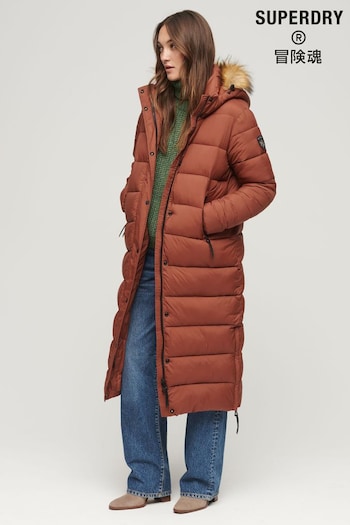 Superdry Brown Faux Fur Hood Longline Puffer Jacket (314012) | £130