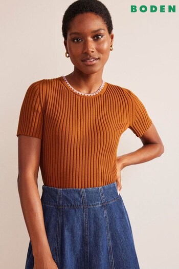 Boden Orange Crochet-Trim Knitted T-Shirt (314420) | £55