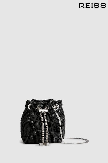 Reiss Black Demi Crystal Mini Bucket Bag (315485) | £148