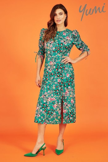 Yumi Green Animal Print Ruched Sleeve Midi Dress (315500) | £55