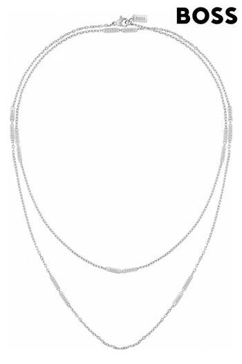 BOSS Silver Jewellery Ladies Silver Tone Laria Logo and Crystals Chain Necklace (316091) | £129