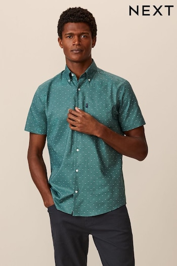 Green Geometric Regular Fit Short Sleeve Easy Iron Button Down Oxford Shirt (316452) | £20