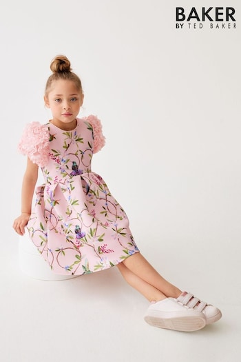 Baker by Ted Baker Pink Floral Ruffle Sleeve Scuba Dress (317202) | £42 - £49