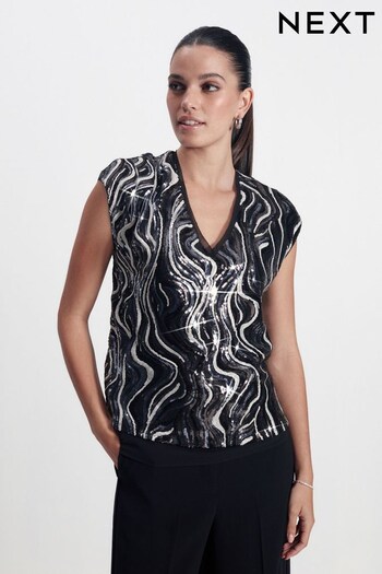 Black&White Wave Short Sleeve V-Neck Sequin Top (317514) | £34