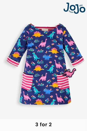 JoJo Maman Bébé Navy Dino & Bird Print A-Line Dress (317555) | £22.50