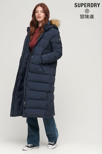 Superdry Blue Faux Fur Hood Longline Puffer Jacket (317966) | £130