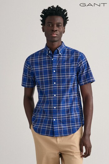 GANT Blue Poplin Check Short Sleeve Shirt (318093) | £90
