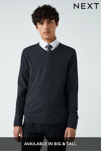 Charcoal Grey V-Neck Regular Cotton Rich Knitted Crew Neck Jumper (318865) | £25