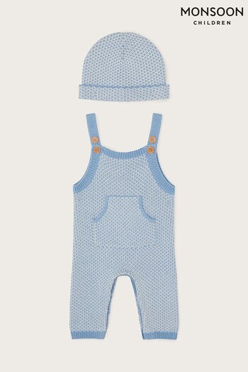 Monsoon Blue Mixed Knit Dungaree and Beanie Set (320000) | £28