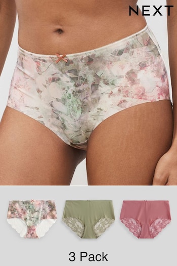 Pink Watercolour Floral Print/Sage Green/Rose Pink Midi No VPL Lace Back Briefs 3 Pack (320487) | £19