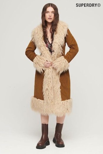 Superdry Brown Faux Fur Lined Longline Afghan Coat (320548) | £70