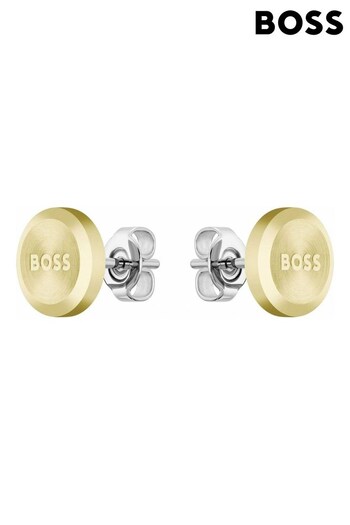 BOSS Gold Plated Jewellery Gents Yann Etched Logo Stud Earrings (320686) | £59