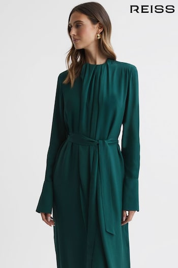 Reiss Green Phoenix Pleated Long Sleeve Midi Dress (321970) | £198