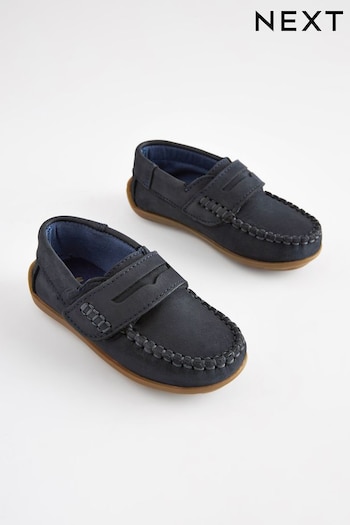 Navy Wide Fit (G) Leather Penny Loafers with Touch and Close Fastening (322473) | £26 - £30