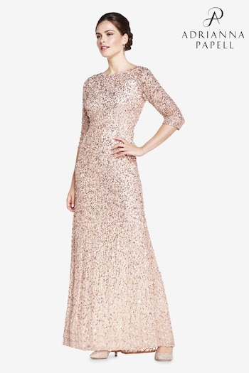 Adrianna Papell Natural 3/4 Sleeve Beaded Mermaid Gown (322787) | £349