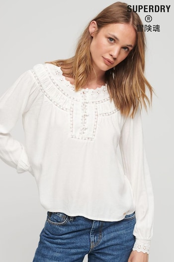 Superdry Cream Lace Trim Woven Top (323203) | £50