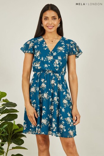Mela Blue Mela Floral Print Wrap Over Skater Black Dress (323402) | £40