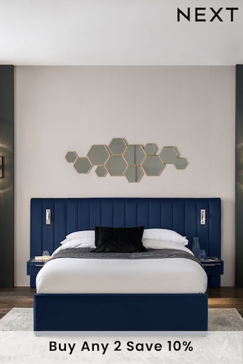 Soft Velvet Navy Blue Mayfair Upholstered Hotel Bed Frame with Ottoman Storage Bedside Tables and Lights (323875) | £1,199 - £1,399
