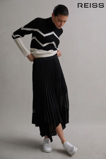 Reiss Black Dina Pleated Layered Asymmetric Midi Skirt (324188) | £168