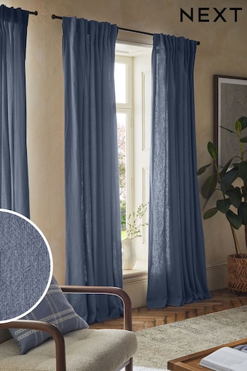 Blue Washed Cotton Linen Hidden Tab Top Lined Curtains (324483) | £50 - £115