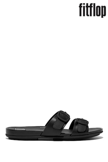 FitFlop Gracie Black Rubbre-Buckle Two-Bar Leather Slides (326028) | £90