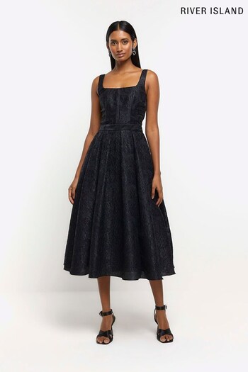 River Island Black Textured Midi Prom Dress (326350) | £90