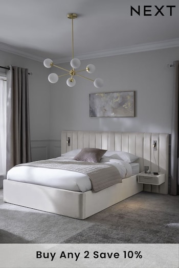 Soft Velvet Natural Oyster Mayfair Upholstered Hotel Bed Frame with Ottoman Storage, Bedside Tables and Lights (326641) | £1,199 - £1,399