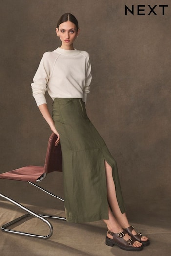 Khaki Green Linen Blend Midi Column Skirt (328094) | £30