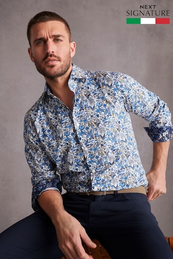 White/Blue Floral Regular Fit Single Cuff Signature Made In Italy Texta Print Shirt (328133) | £44