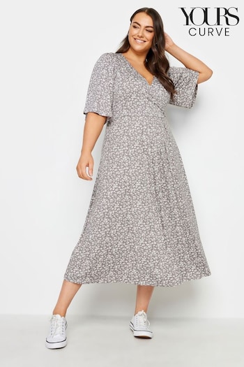 Yours Curve Grey Ditsy Floral Print Midi Wrap Dress (328799) | £34