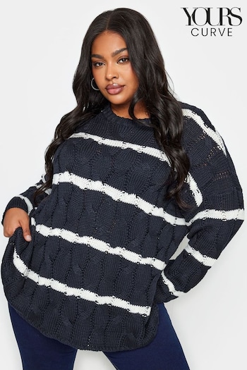 Yours Curve Blue Cable Stripe Jumper (328892) | £36