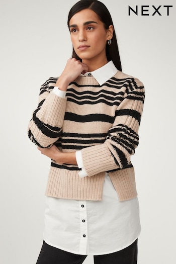 Neutral Brown Stripe Long Sleeve Shirt Layer Jumper (328924) | £42