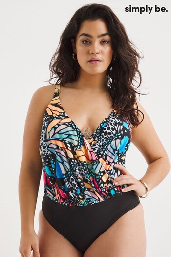 Simply Be Butterfly Print Magisculpt Twist Front Blouson Black Swimsuit (329818) | £44