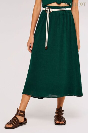 Apricot Green Rope Belt Slub Cotton Midi Skirt (329966) | £35