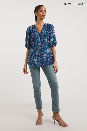JD Williams Blue Multi Print Tea Blouse With Exposed Back (330405) | £28