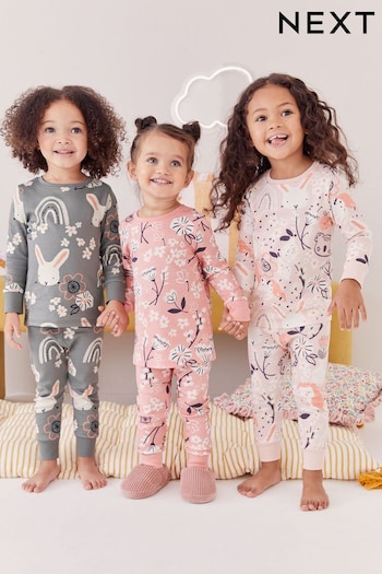 Pink/Grey Bunny 3 Pack Printed Long Sleeve Pyjamas (9mths-10yrs) (330466) | £24 - £30
