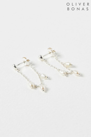 Oliver Bonas Silver Tone Ostara Freshwater Pearl Chain Drop Earrings (330816) | £42