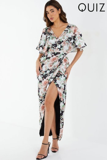 Quiz Black Multi Satin Floral Wrap Maxi Dress (330969) | £55