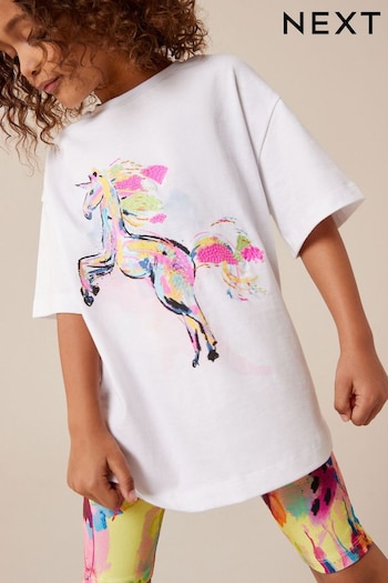 Ecru White Rainbow Unicorn Oversized T-Shirt and Cycle Shorts anderson Set (3-16yrs) (331085) | £14 - £20