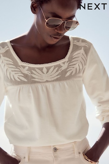 Ecru White Lace Insert Square Neck Long Sleeve Top (334314) | £34