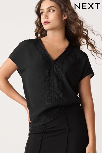 Black Short Sleeve Lace Trim Top (334352) | £27