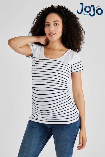 JoJo Maman Bébé White Navy Stripe Breton Stripe Nursing T-Shirt (334691) | £26