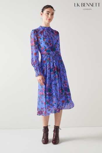 LK Bennett Blue Louise Naive Floral Print Midi Dress (334936) | £359