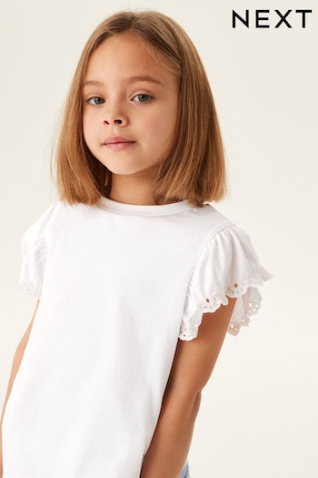 White Broderie Frill Sleeve T-Shirt (3-16yrs) (335255) | £7 - £12